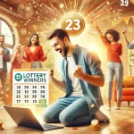 A joyful and celebratory scene featuring a diverse group of people in a modern home environment, with a focus on an excited online lottery winner usin