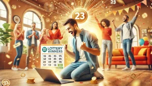 A joyful and celebratory scene featuring a diverse group of people in a modern home environment, with a focus on an excited online lottery winner usin