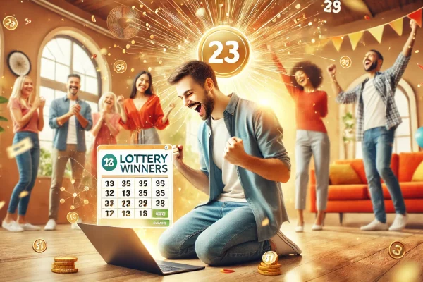 A joyful and celebratory scene featuring a diverse group of people in a modern home environment, with a focus on an excited online lottery winner usin